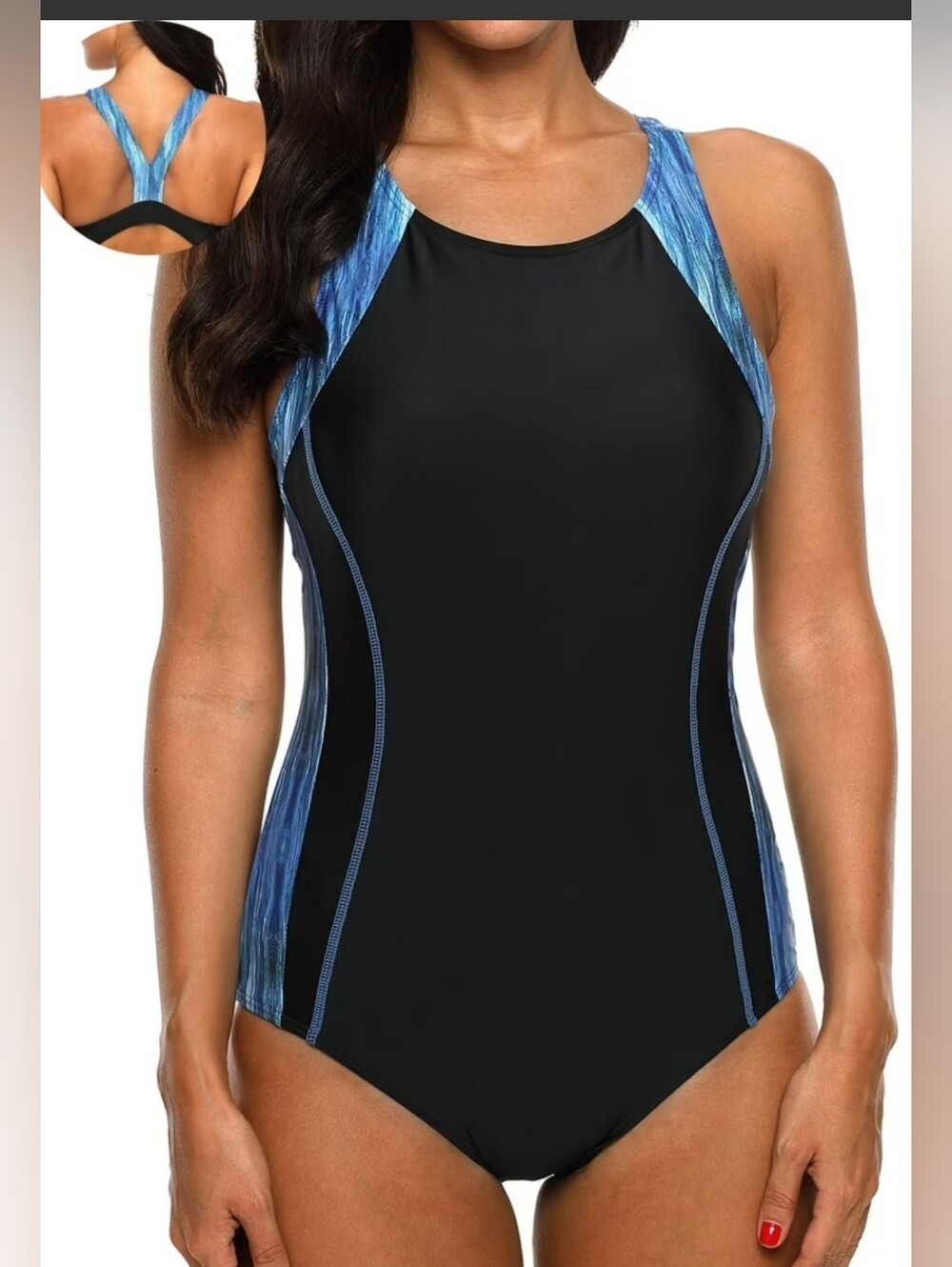 Attraco Women's One Piece Athletic Racerback Swimsuit Blue Black Size M & L.